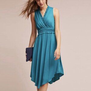 Anthropologie Maeve La Habana Teal Fit Flare V-Neck Knee Length Dress, Large